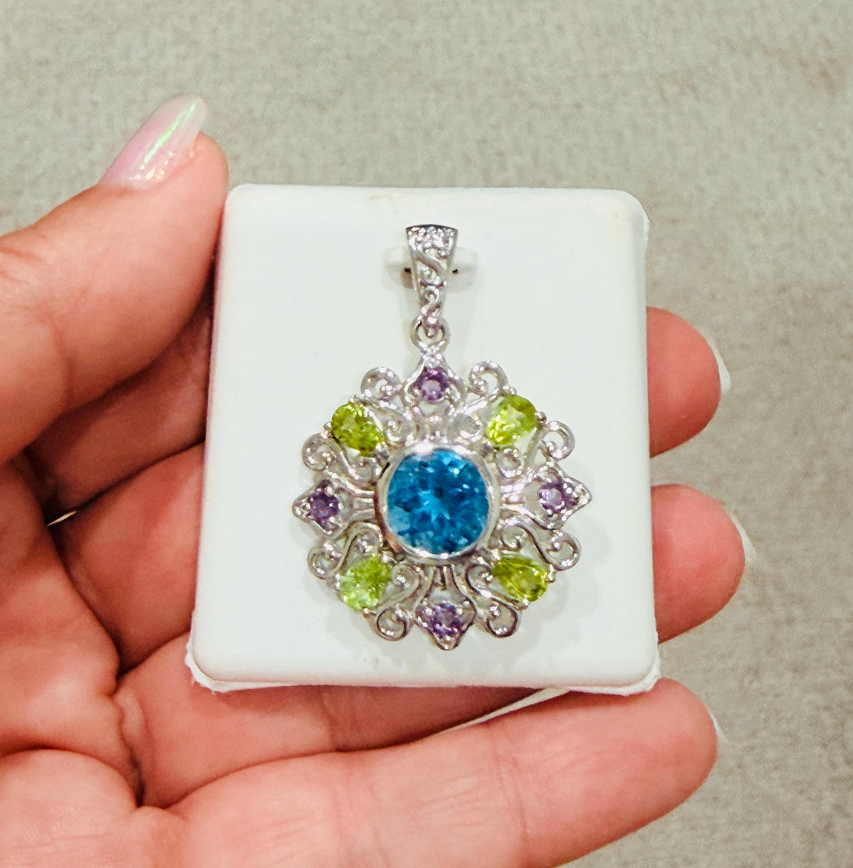 Sterling Silver Sunburst Pendant with Genuine Semi Precious Stones