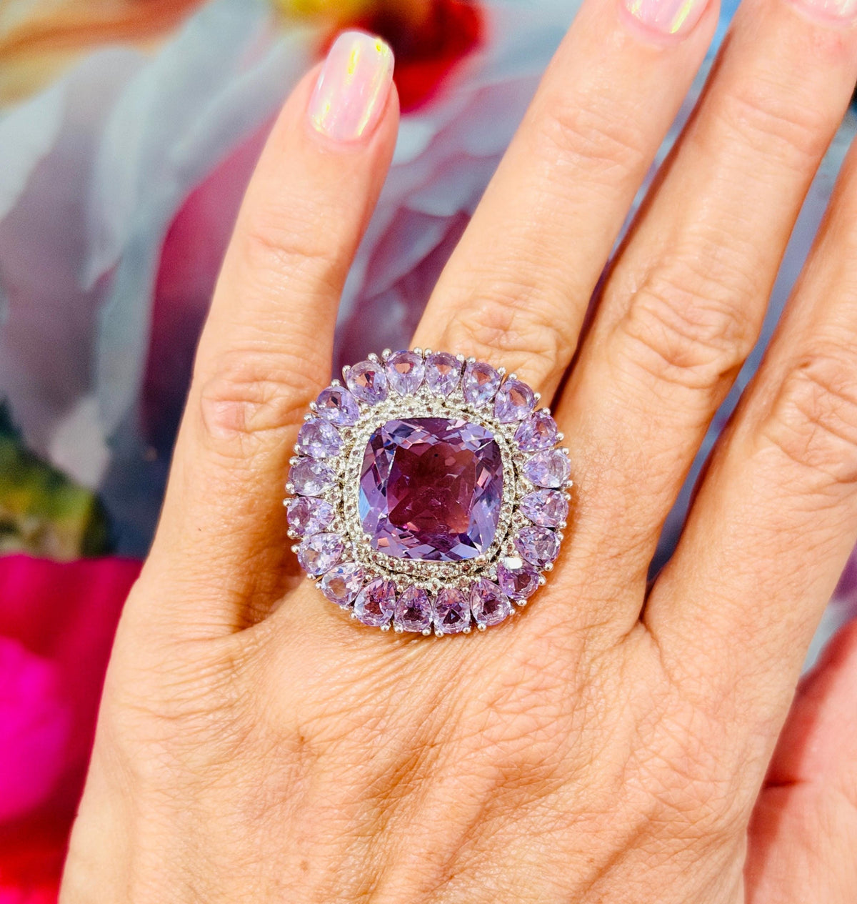 Sterling Silver Genuine Amethyst and Cubic Zirconia Ring Size 8