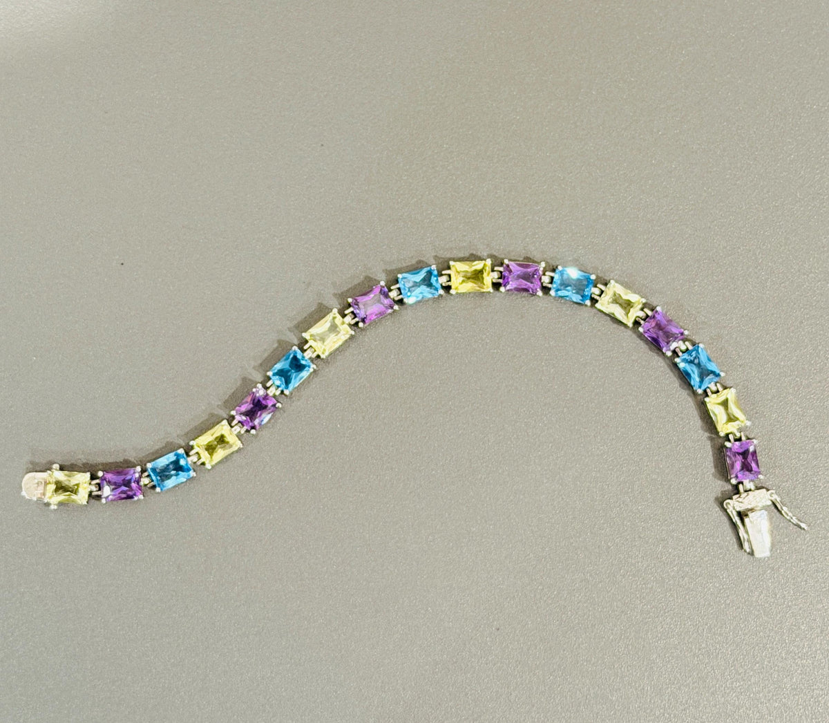 Sterling Silver Amethyst, Blue Topaz and Yellow Topaz Link Style Bracelet