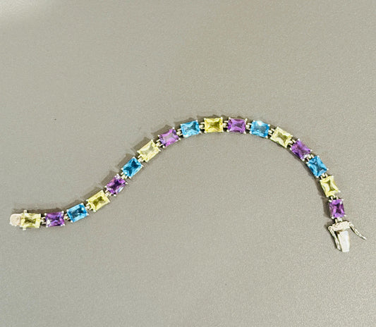 Sterling Silver Amethyst, Blue Topaz and Yellow Topaz Link Style Bracelet