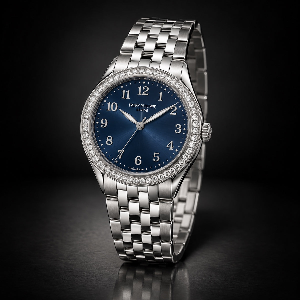 Ladies Patek Philippe watch with blue dial and stone-set bezel