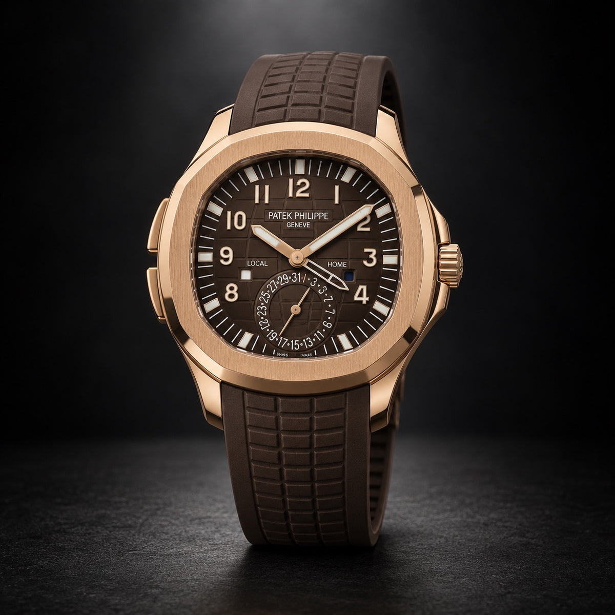 Patek Philippe Aquanaut Travel Time rose gold watch with brown dial and composite strap