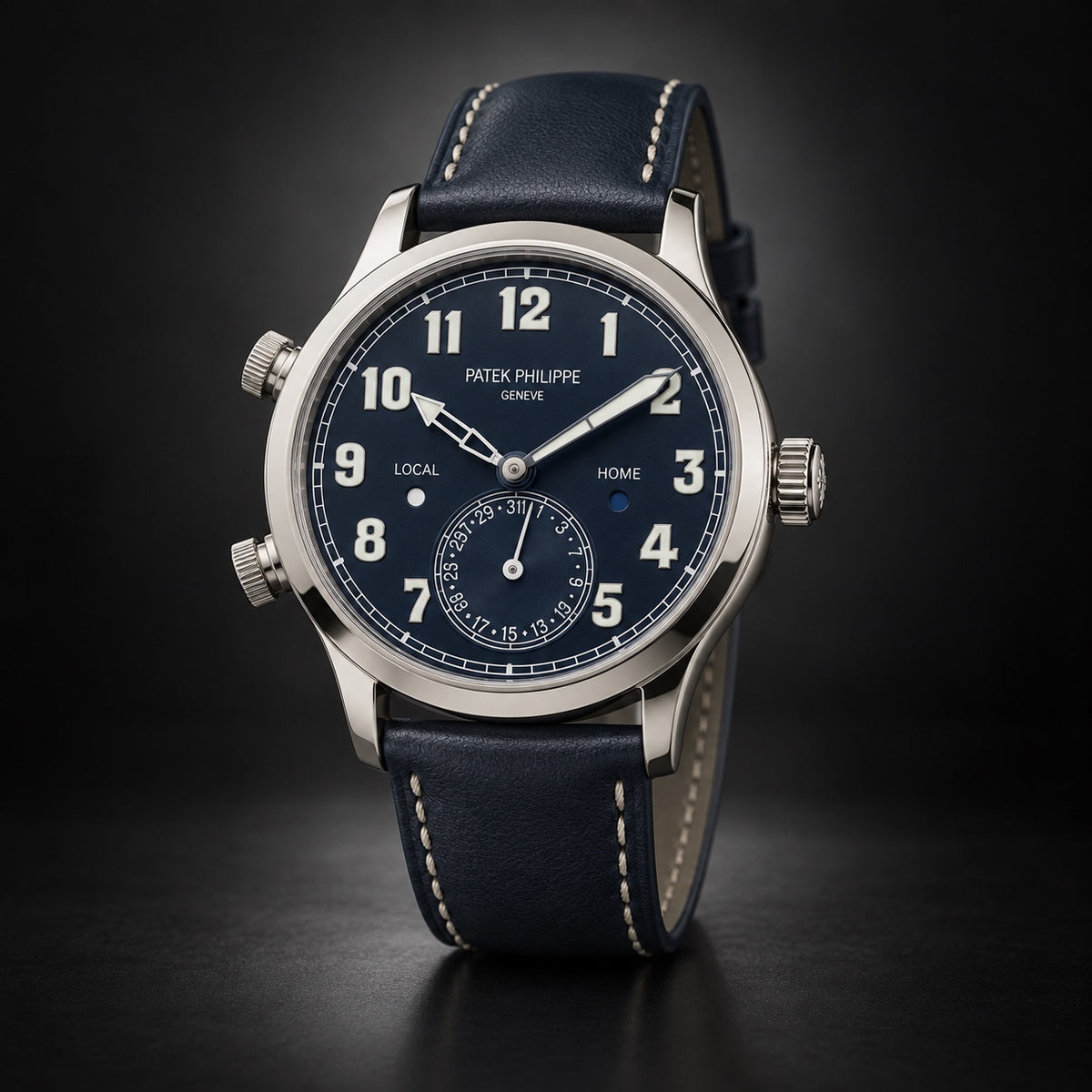 Patek Philippe Calatrava Pilot Travel Time watch with blue dial and blue leather strap