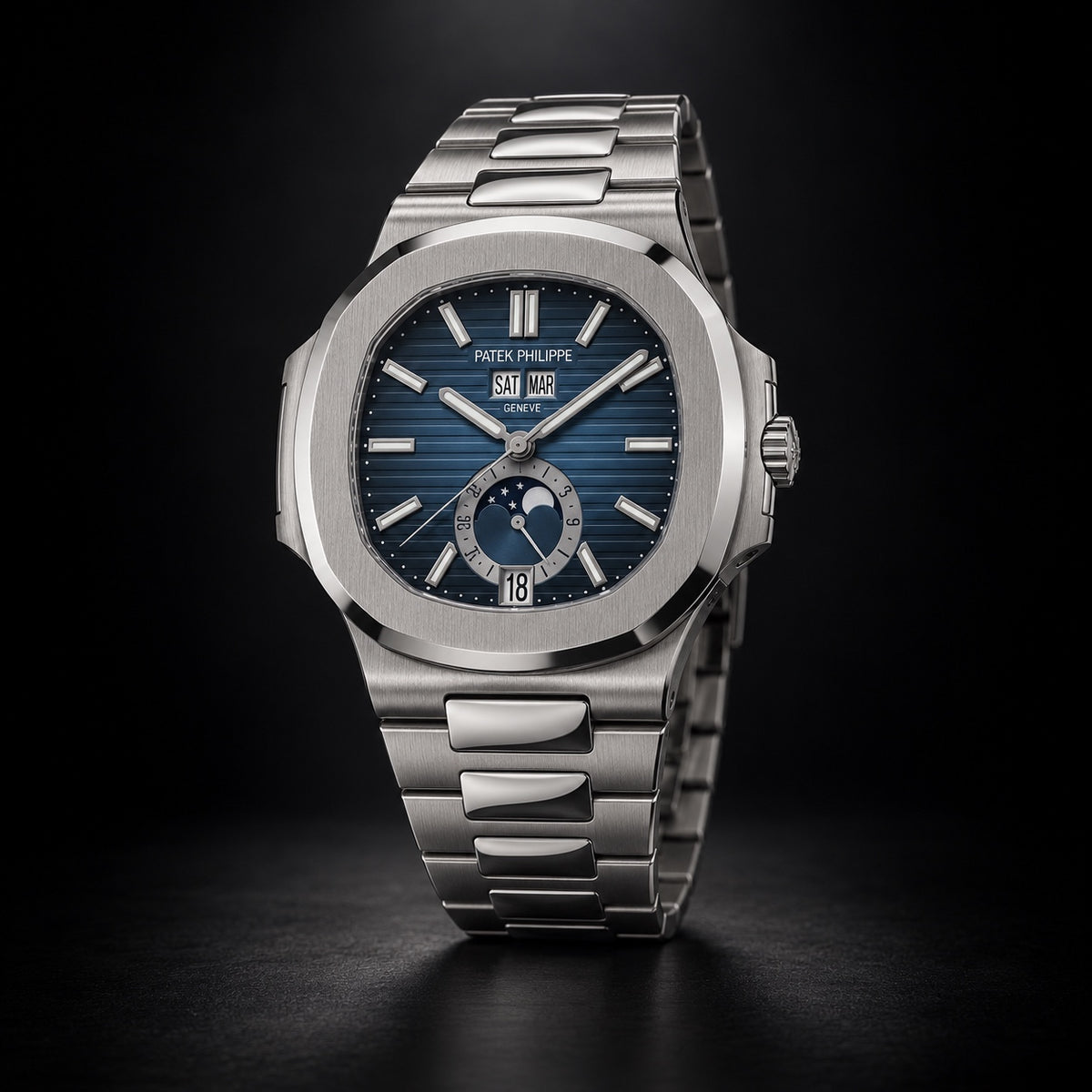 Patek Philippe Nautilus annual calendar moon phase watch with blue dial