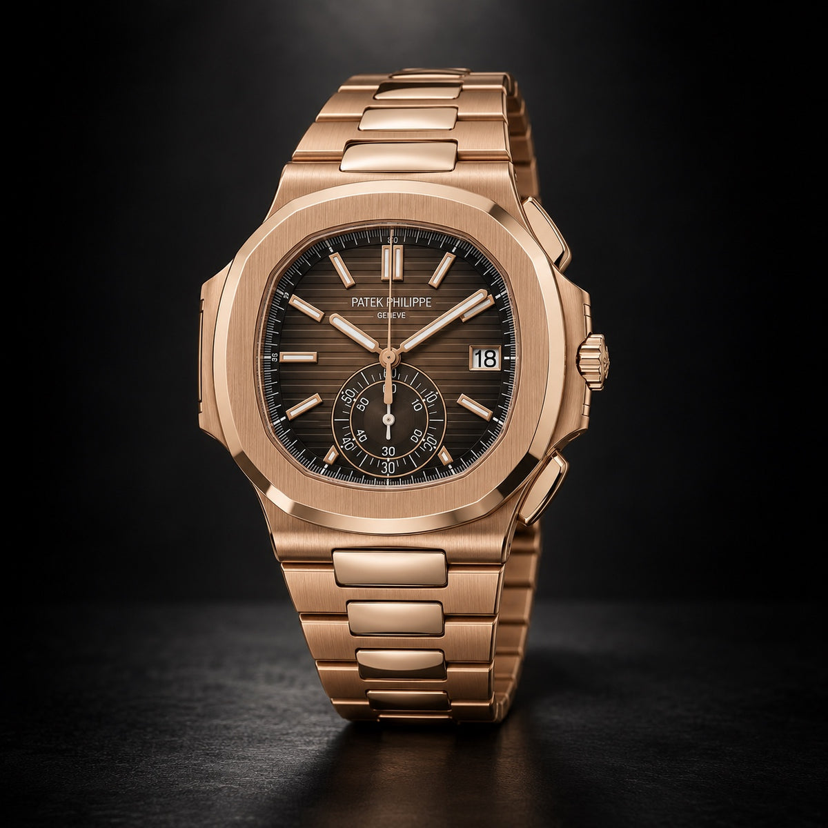 Patek Philippe Nautilus chronograph rose gold watch with brown dial and bracelet