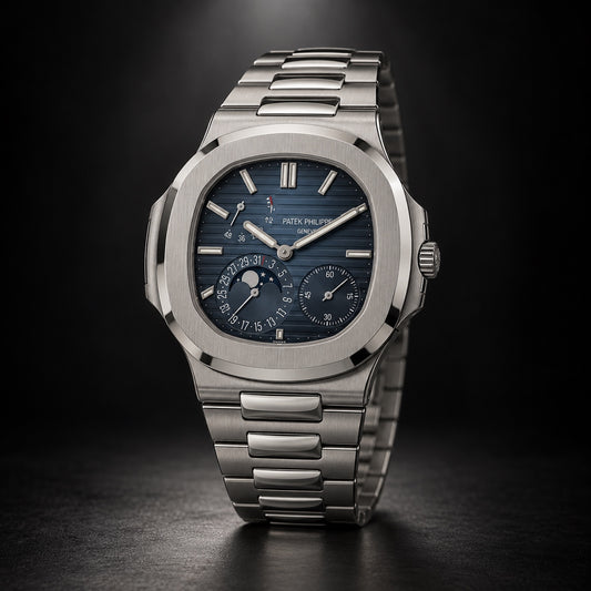 Patek Philippe Nautilus with blue dial, moon phase display and integrated bracelet