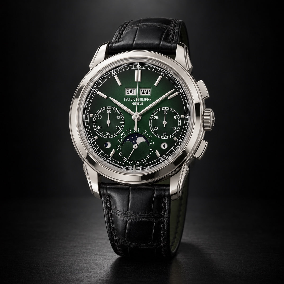 Patek Philippe perpetual calendar chronograph with green dial and black leather strap