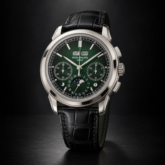 Patek Philippe perpetual calendar chronograph with green dial and black leather strap