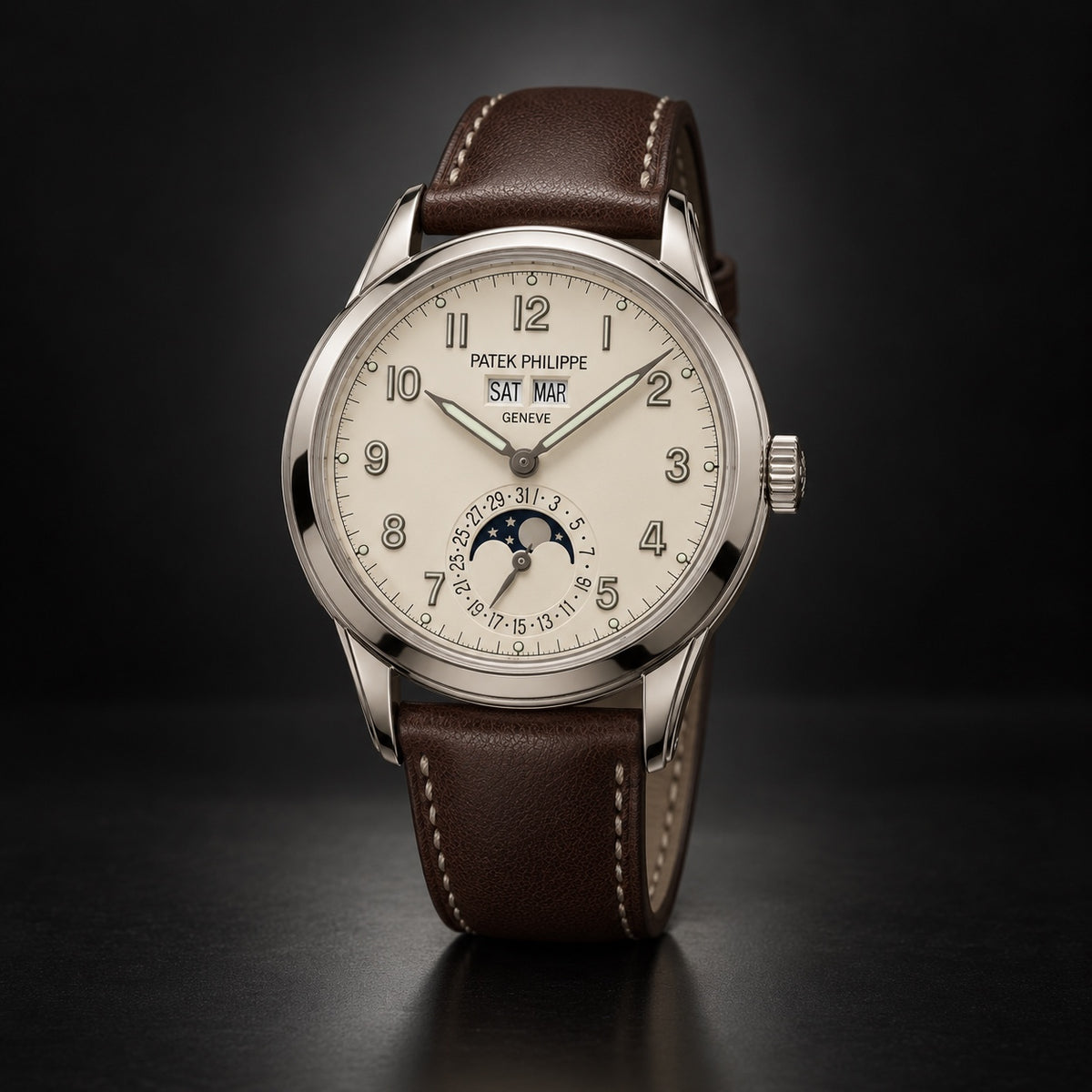 Patek Philippe perpetual calendar watch with cream dial and brown leather strap