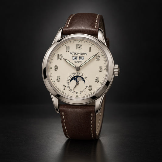 Patek Philippe perpetual calendar watch with cream dial and brown leather strap