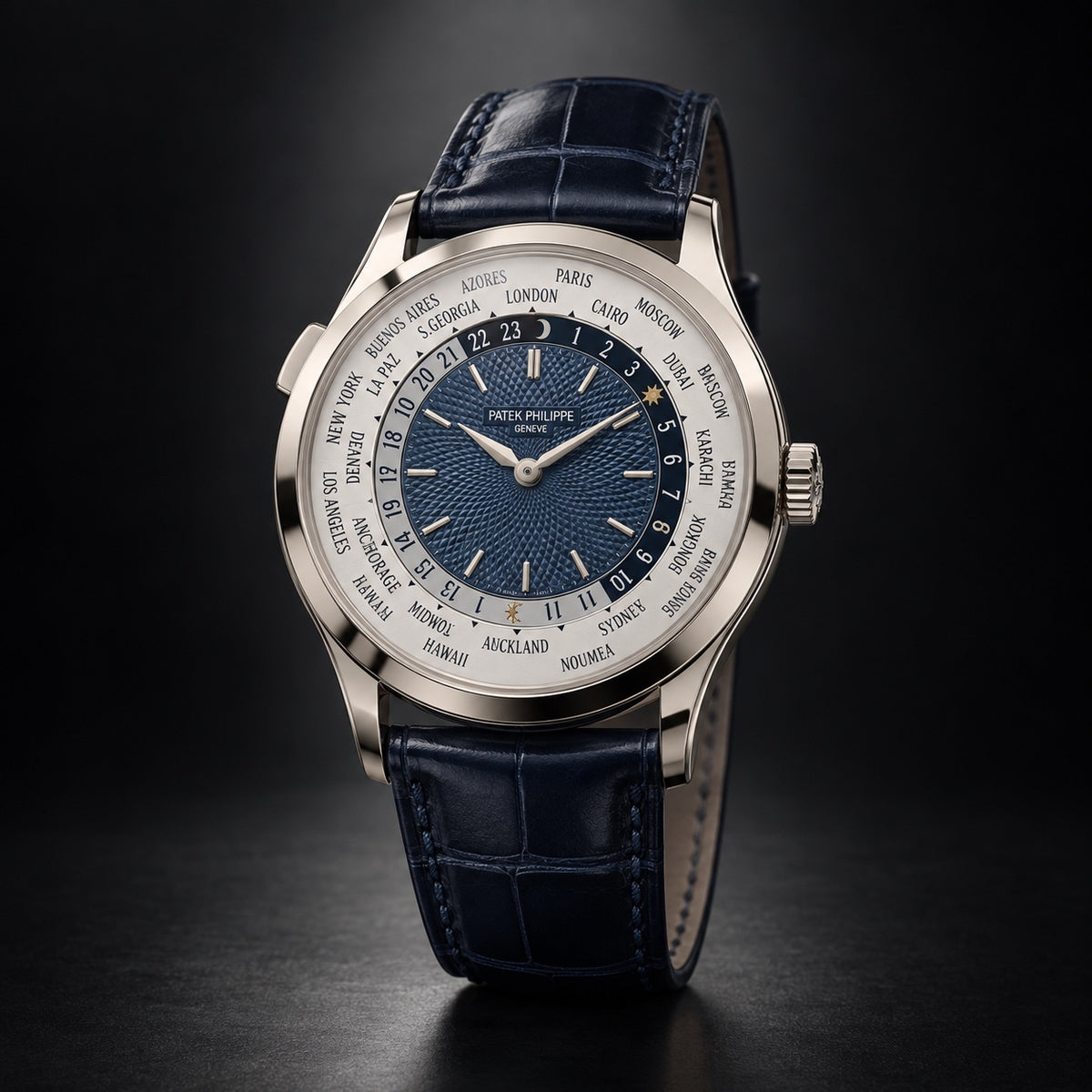 Patek Philippe World Time watch with blue dial and blue leather strap