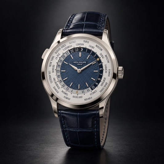 Patek Philippe World Time watch with blue dial and blue leather strap