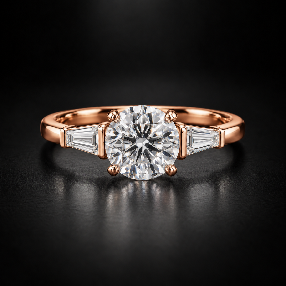 Round Diamond with Tapered Baguette Three-Stone Engagement Ring in 18kt Rose Gold