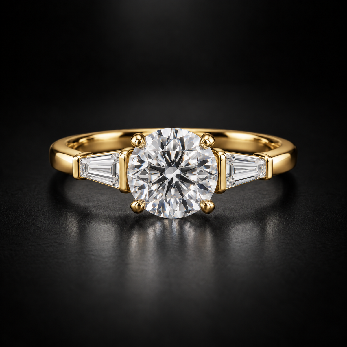 Round Diamond with Tapered Baguette Three-Stone Engagement Ring in 18kt Yellow Gold