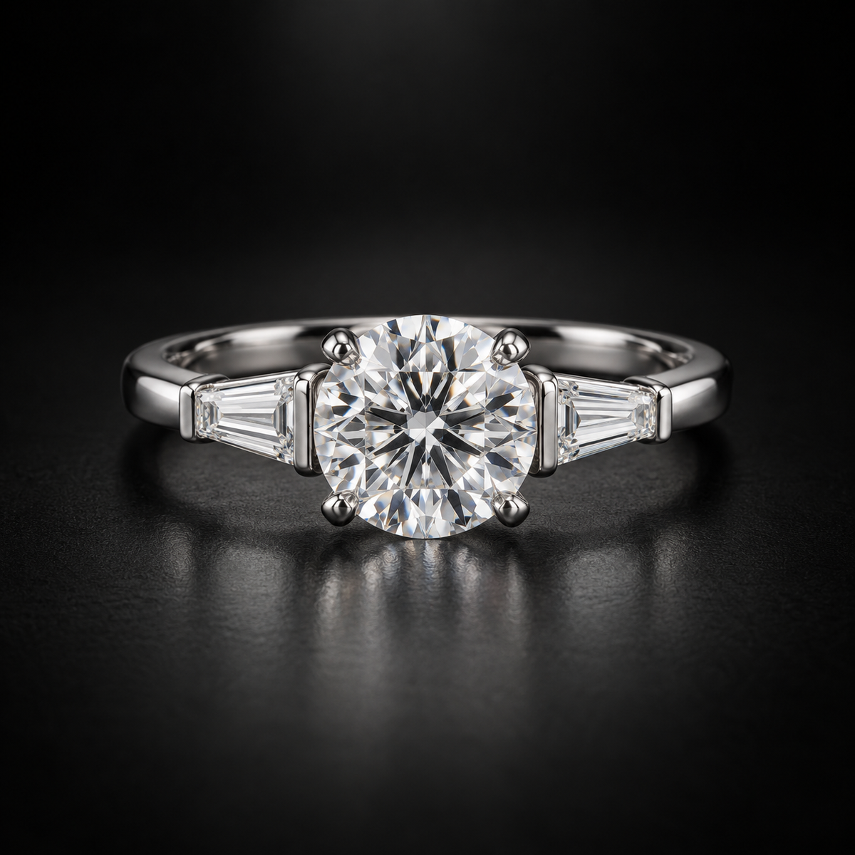 Round Diamond with Tapered Baguette Three-Stone Engagement Ring in Platinum