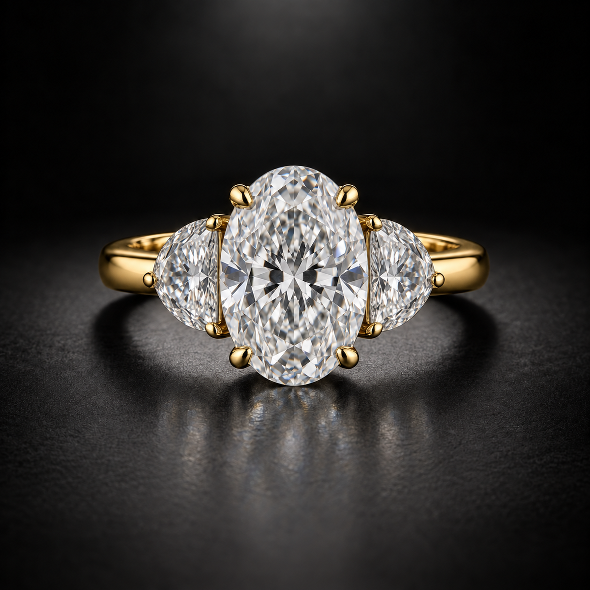 Oval Diamond with Half-Moon Three-Stone Engagement Ring in 18kt Yellow Gold