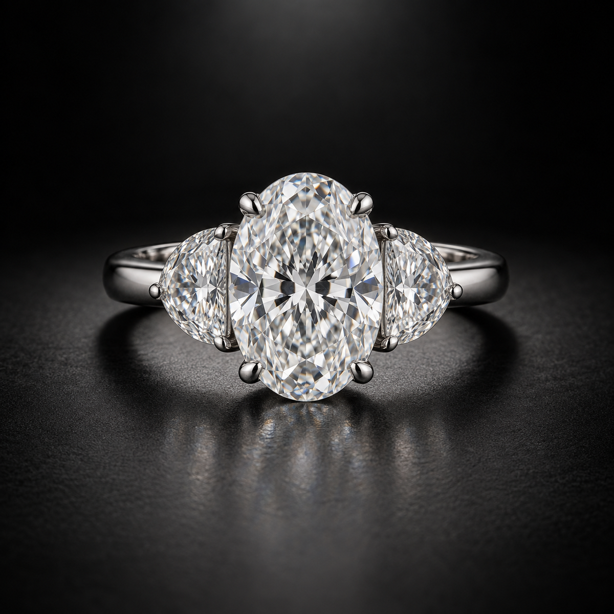 Oval Diamond with Half-Moon Three-Stone Engagement Ring in Platinum