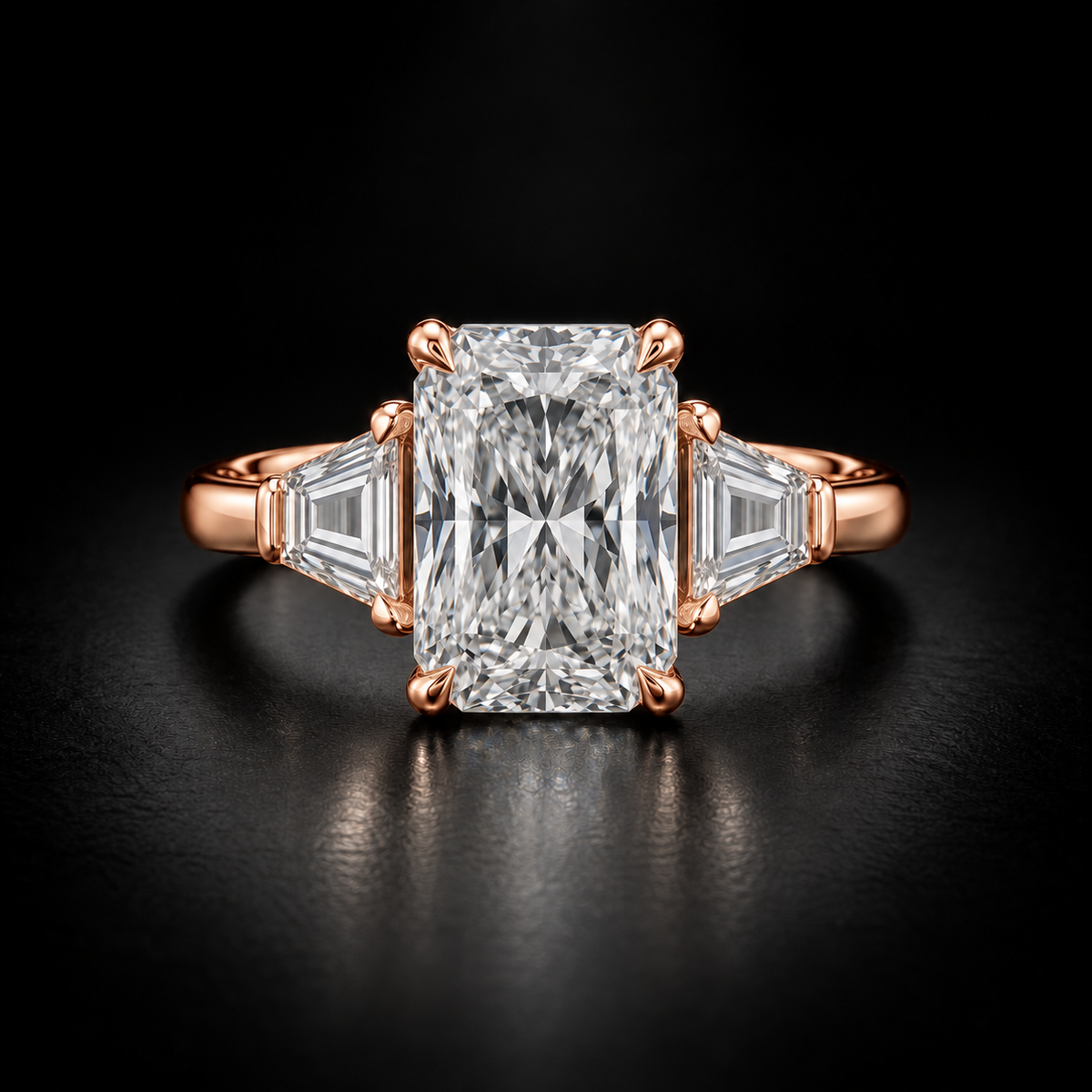 Radiant Diamond with Trapezoid Three-Stone Engagement Ring in 18kt Rose Gold
