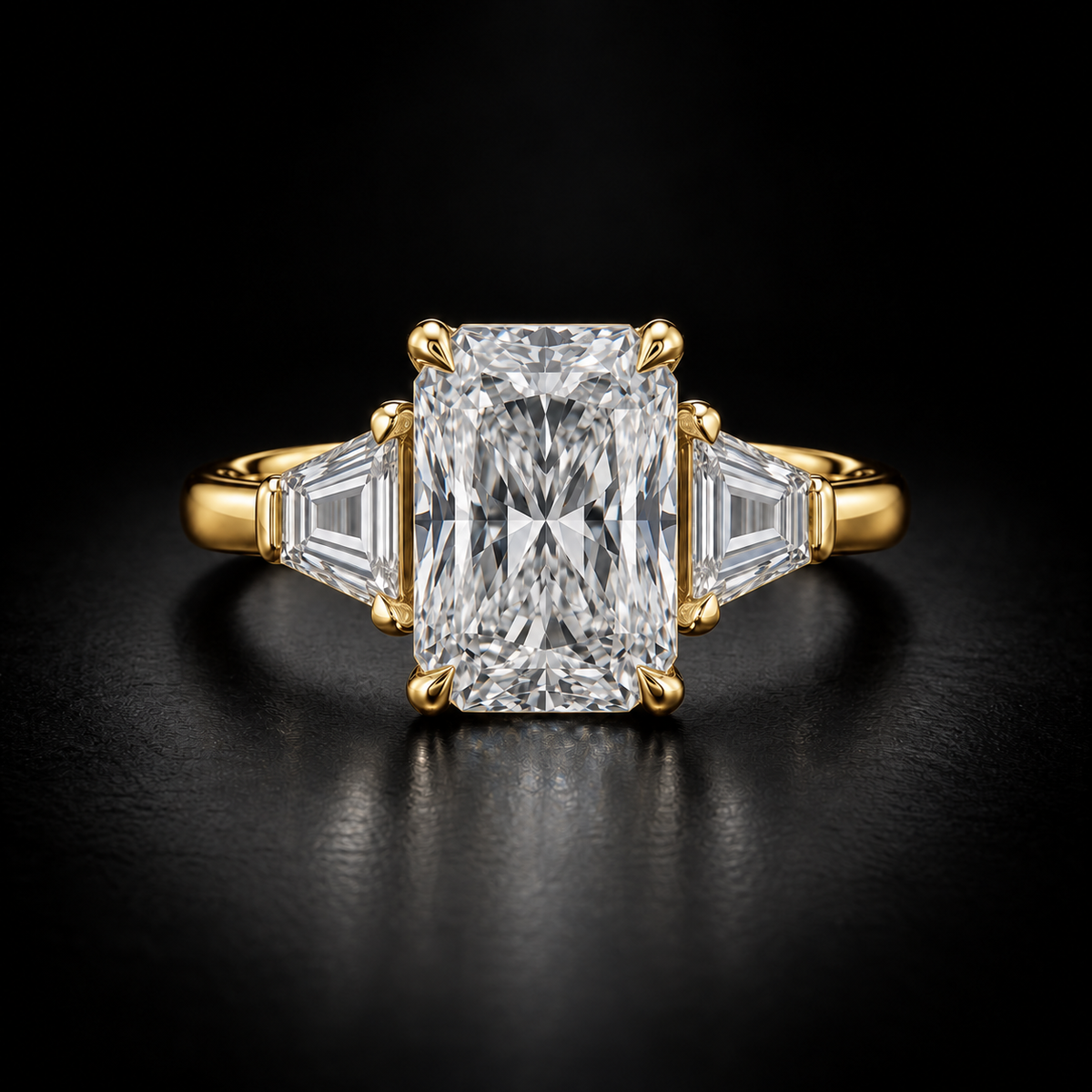 Radiant Diamond with Trapezoid Three-Stone Engagement Ring in 18kt Yellow Gold