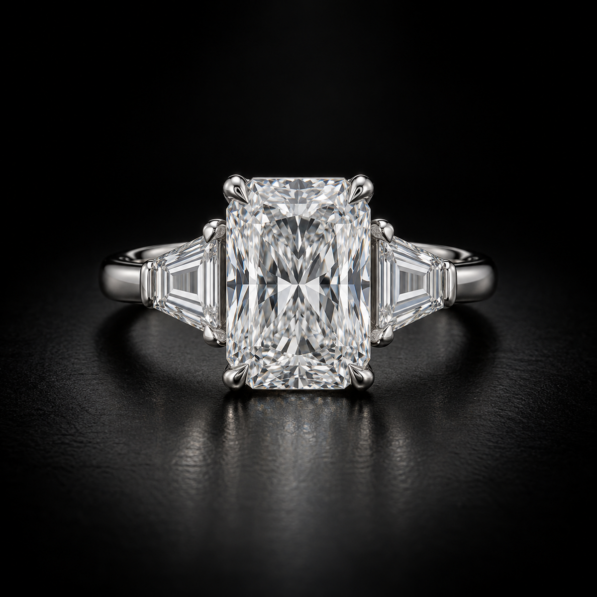 Radiant Diamond with Trapezoid Three-Stone Engagement Ring in Platinum