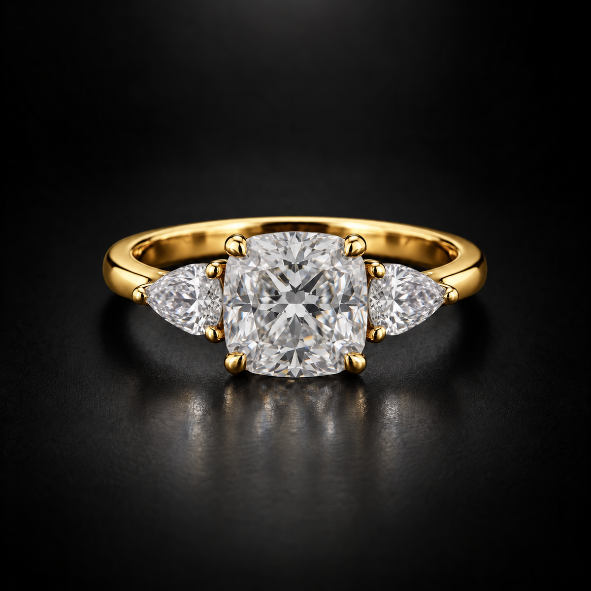 Cushion Diamond with Pear Side Stones Engagement Ring in 18kt Yellow Gold