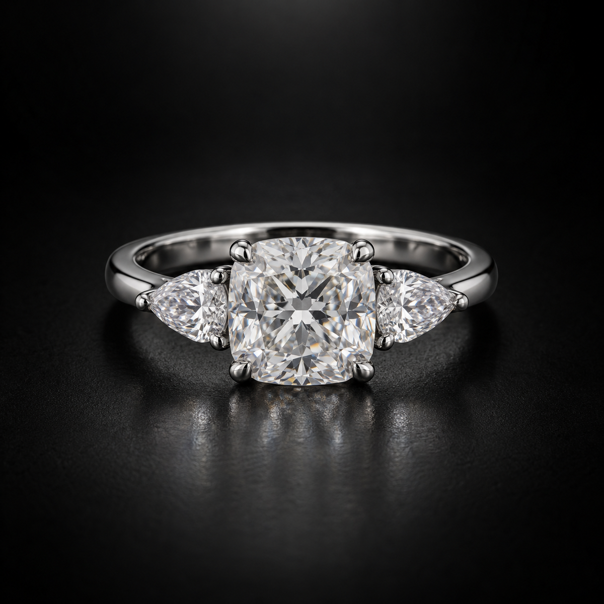 Cushion Diamond with Pear Side Stones Engagement Ring in Platinum