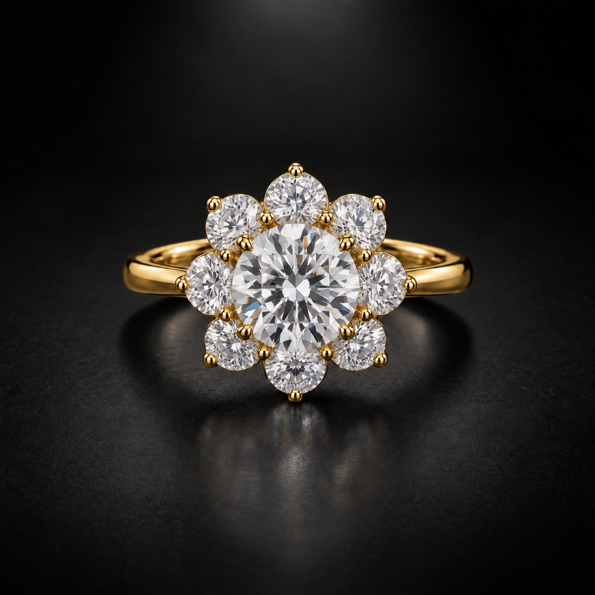 Round Floral Halo Engagement Ring in 18kt Yellow Gold