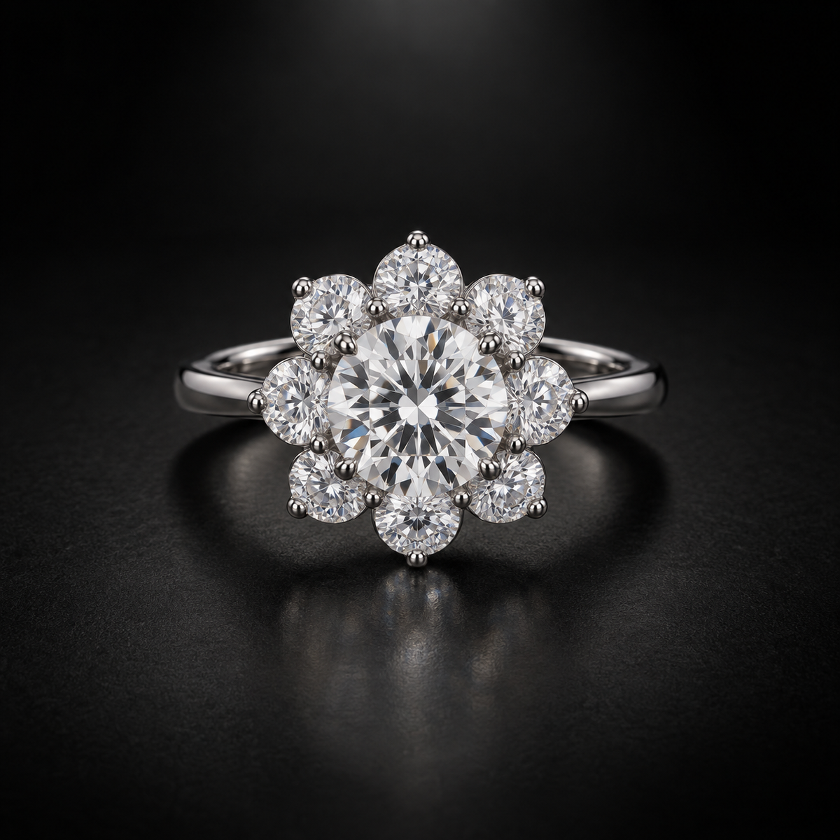Round Floral Halo Engagement Ring in Platinum