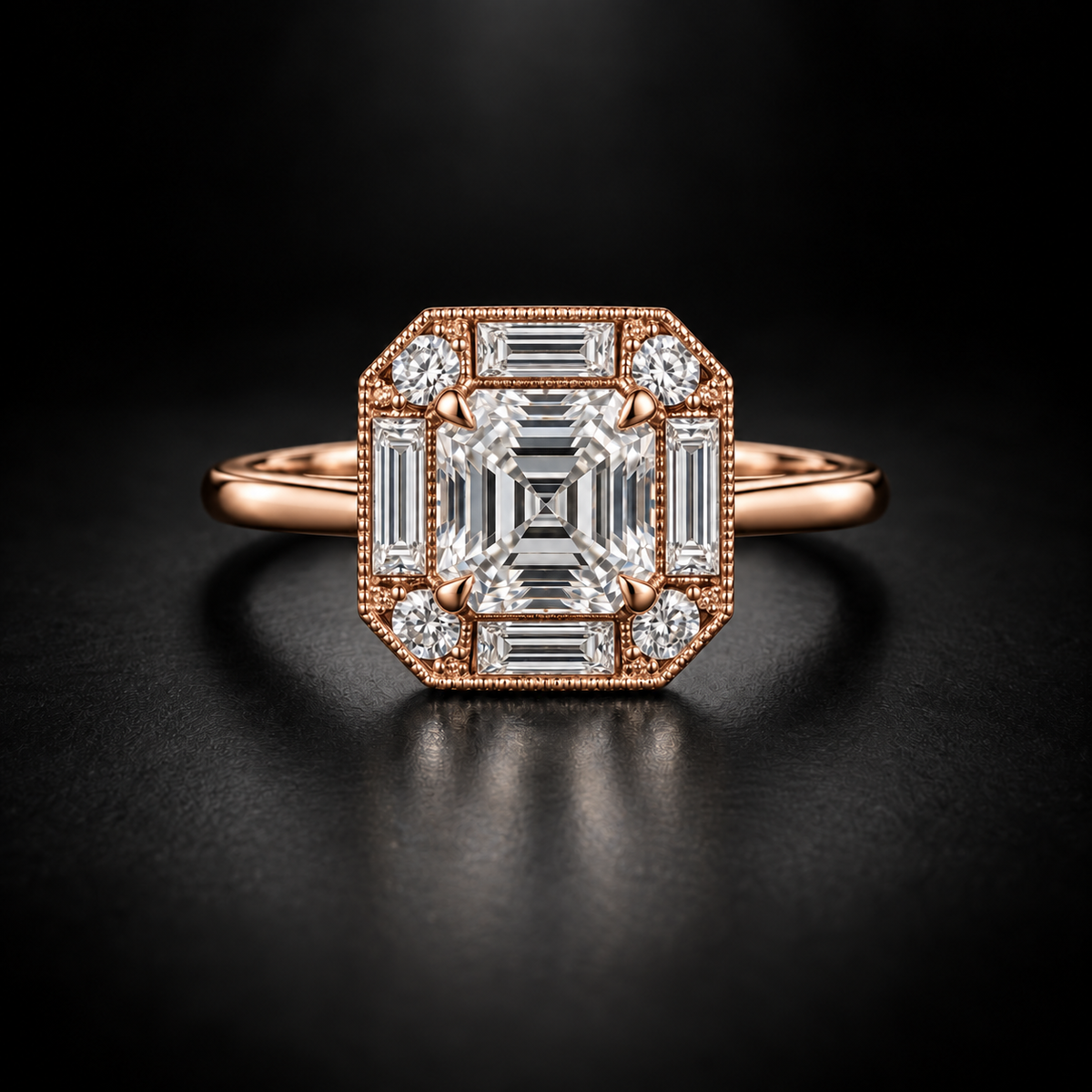 Asscher Baguette Art Deco Halo Engagement Ring in 18kt Rose Gold
