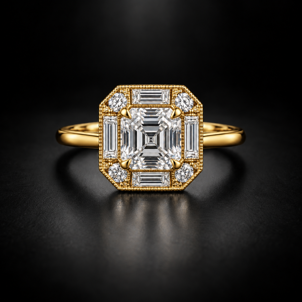 Asscher Baguette Art Deco Halo Engagement Ring in 18kt Yellow Gold