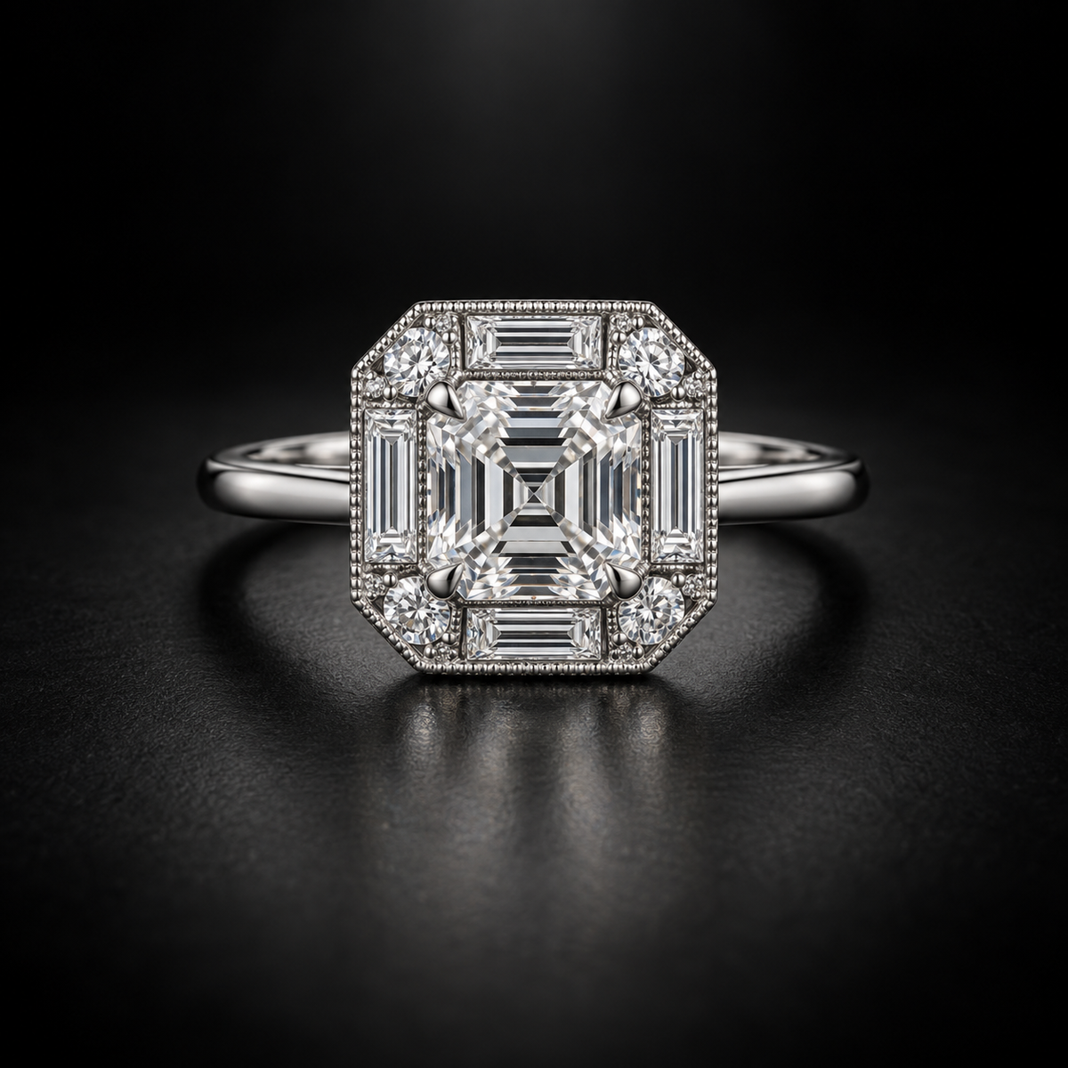 Asscher Baguette Art Deco Halo Engagement Ring in Platinum
