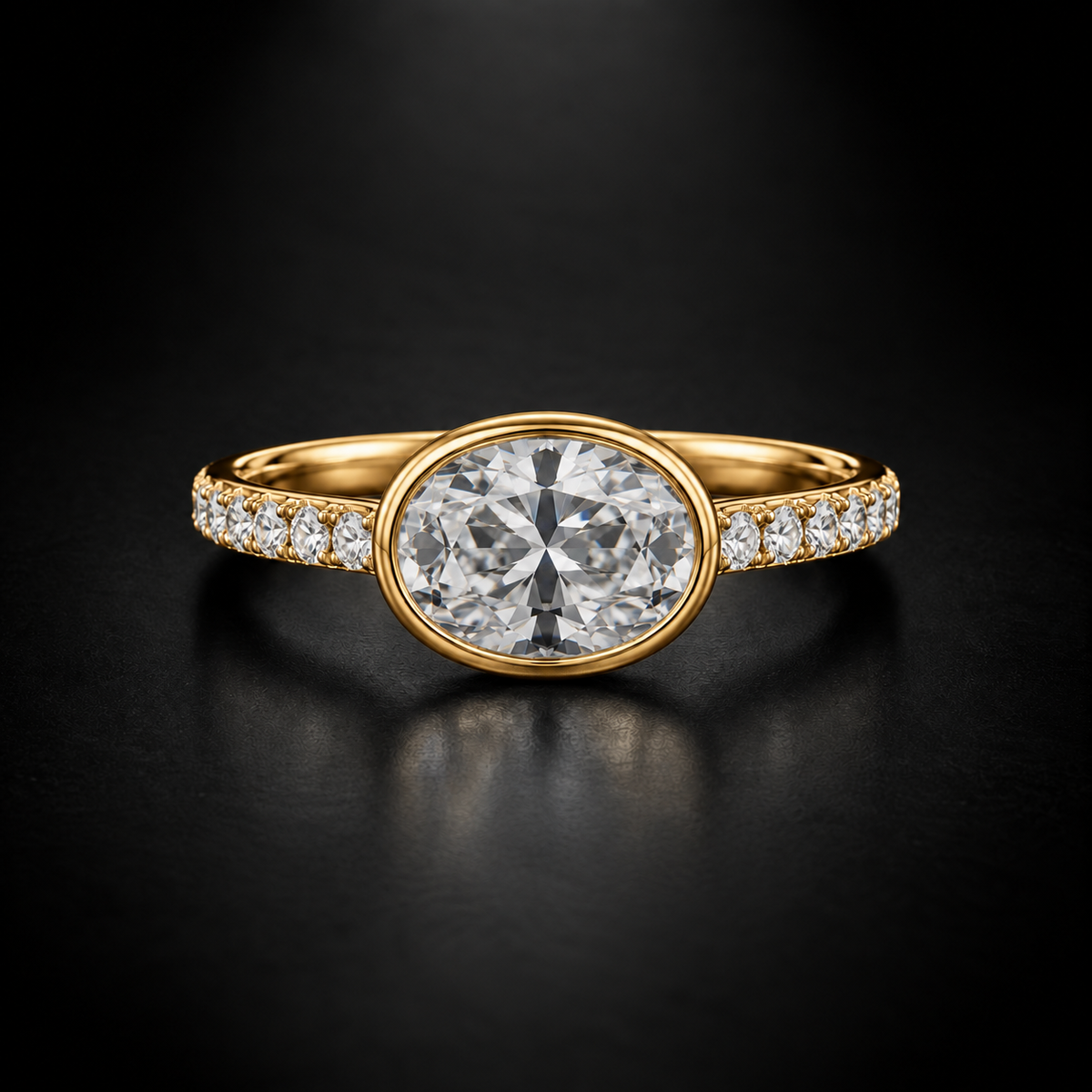 East-West Oval Bezel Pavé Engagement Ring in 18kt Yellow Gold