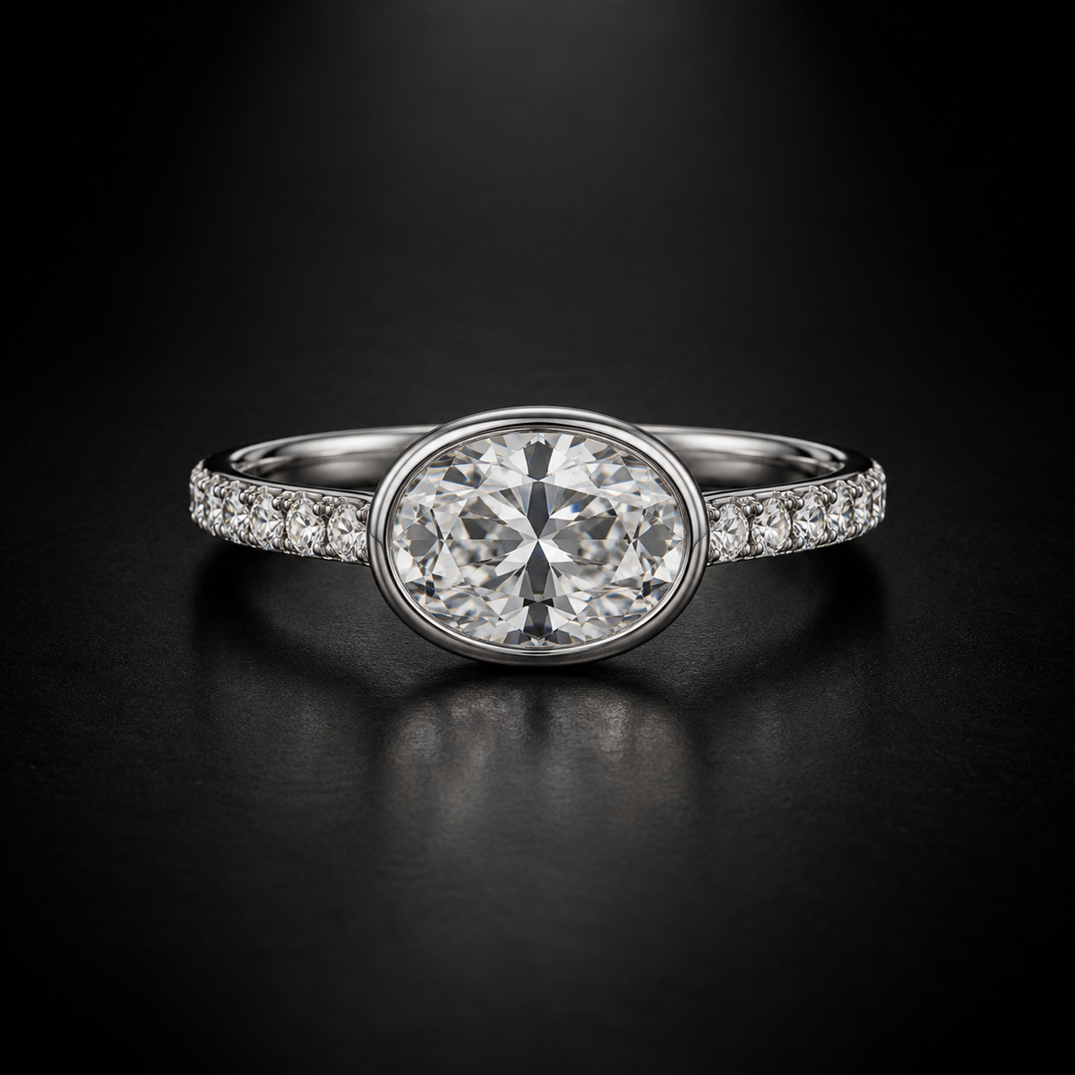 East-West Oval Bezel Pavé Engagement Ring in Platinum