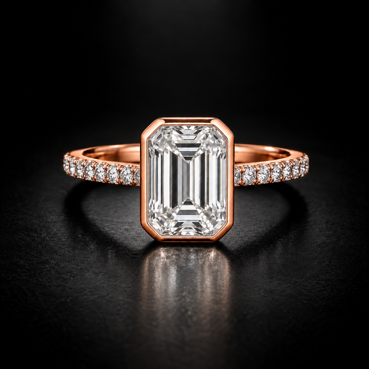 Emerald-Cut Bezel Pavé Engagement Ring in 18kt Rose Gold