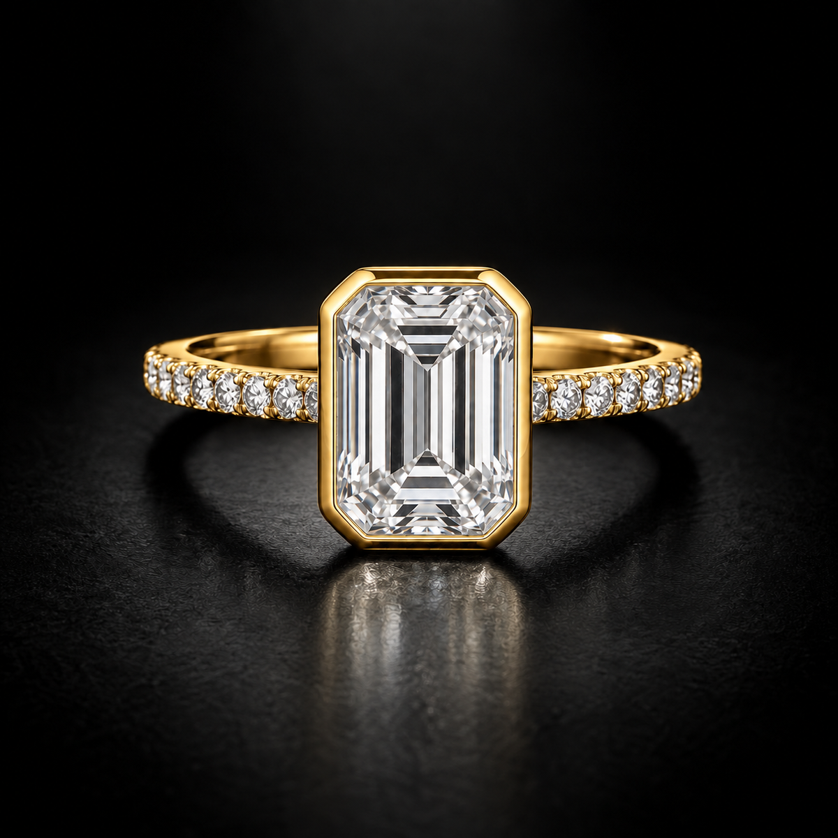 Emerald-Cut Bezel Pavé Engagement Ring in 18kt Yellow Gold