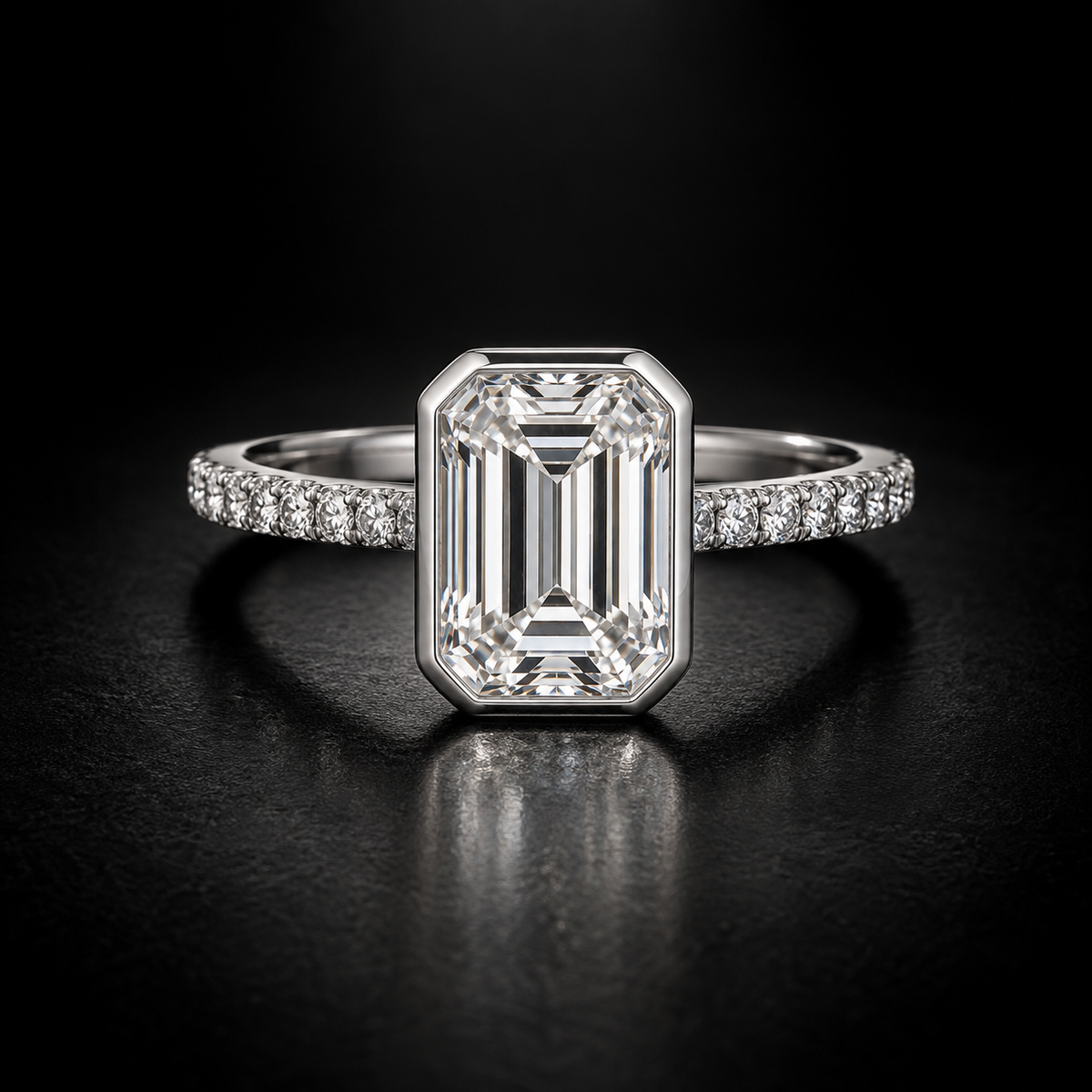 Emerald-Cut Bezel Pavé Engagement Ring in Platinum
