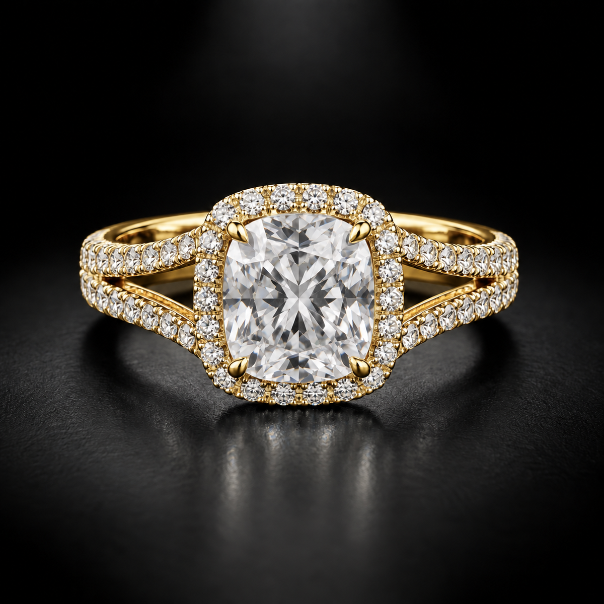 Cushion Split-Shank Halo Engagement Ring in 18kt Yellow Gold