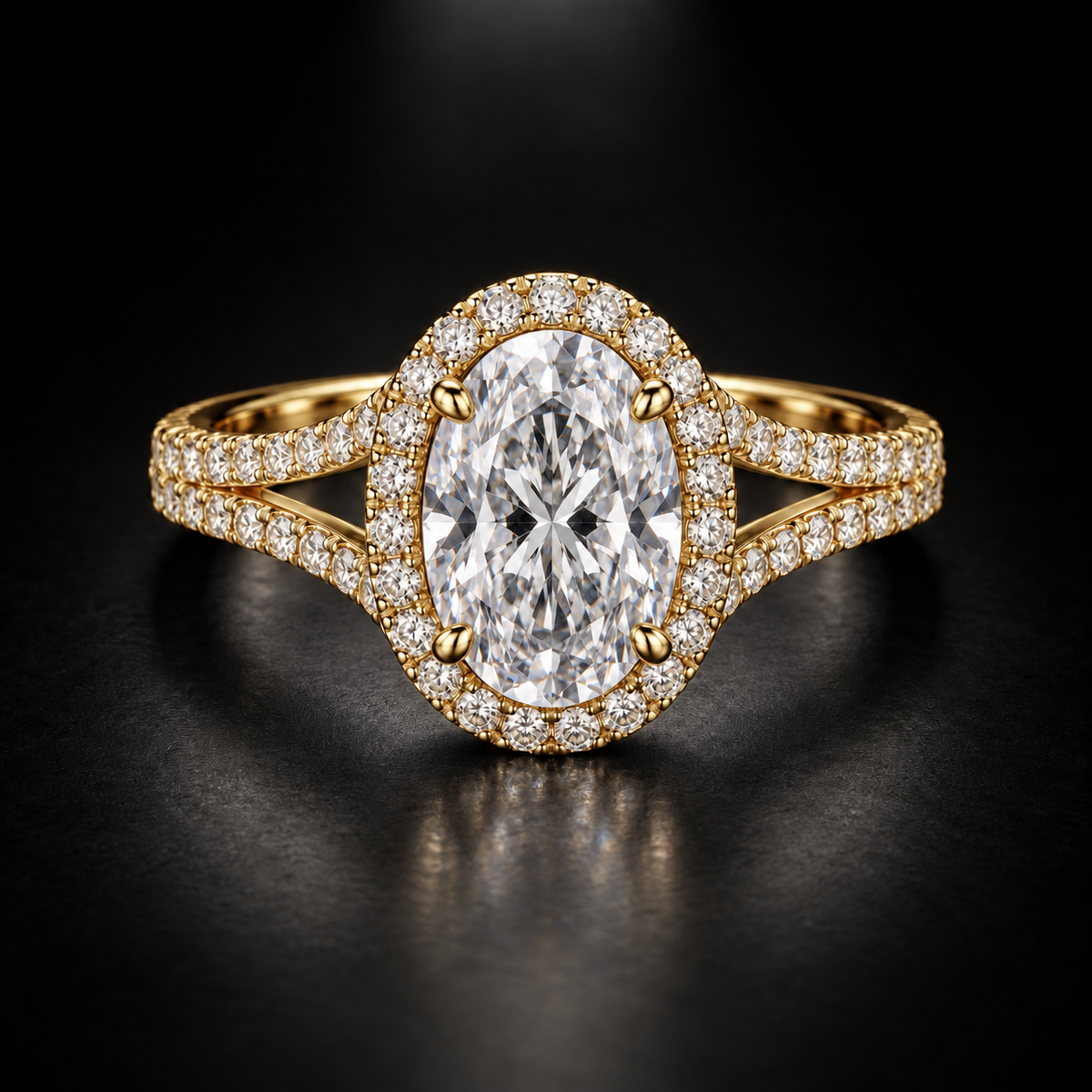 Oval Split-Shank Halo Engagement Ring in 18kt Yellow Gold
