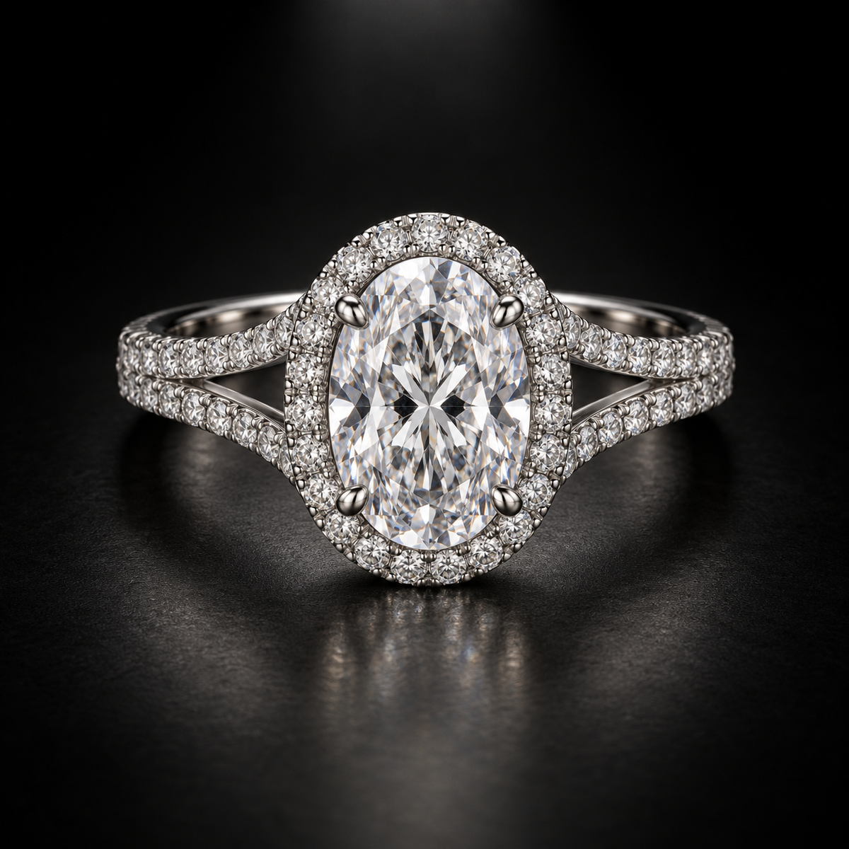 Oval Split-Shank Halo Engagement Ring in Platinum