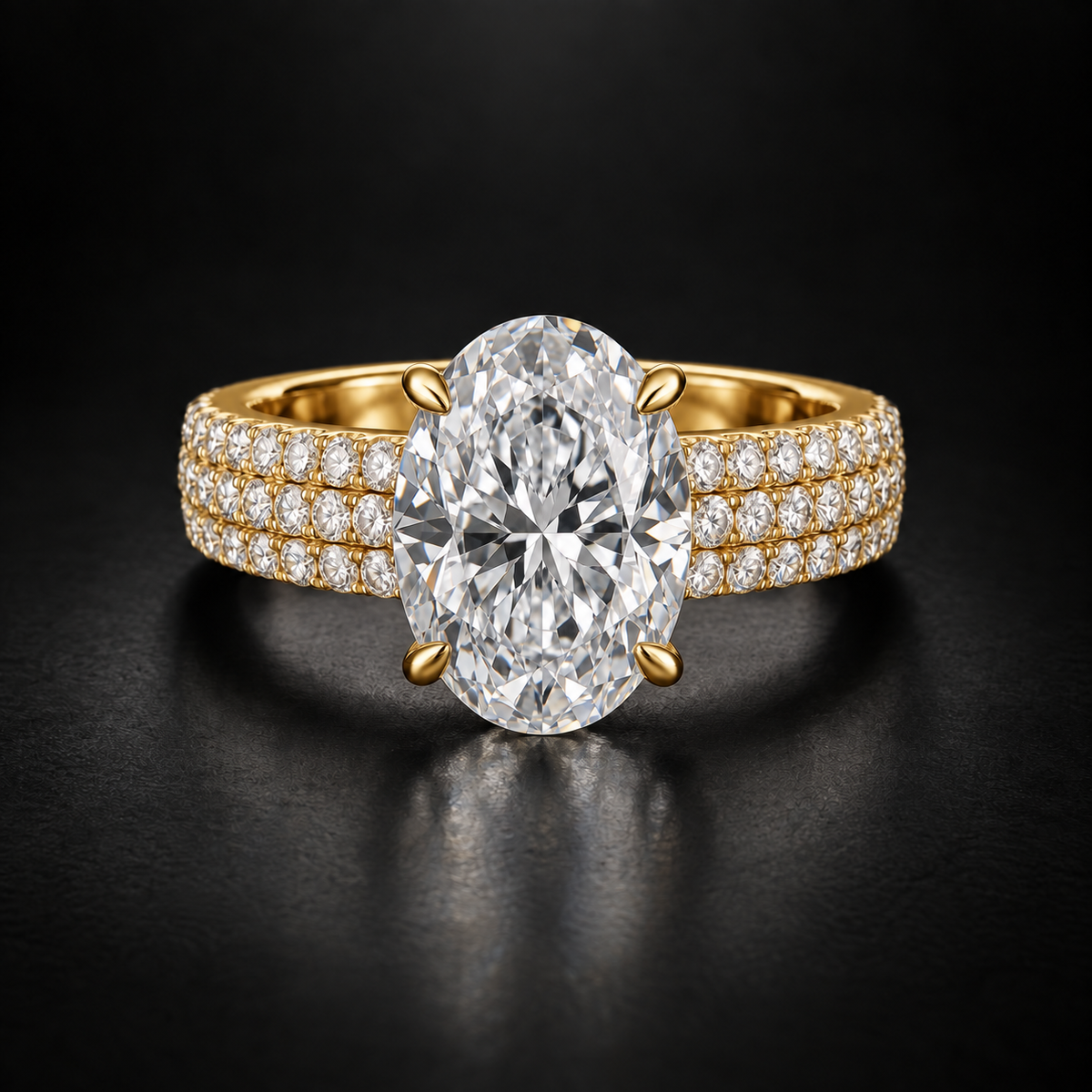 Oval Three-Row Pavé Engagement Ring in 18kt Yellow Gold