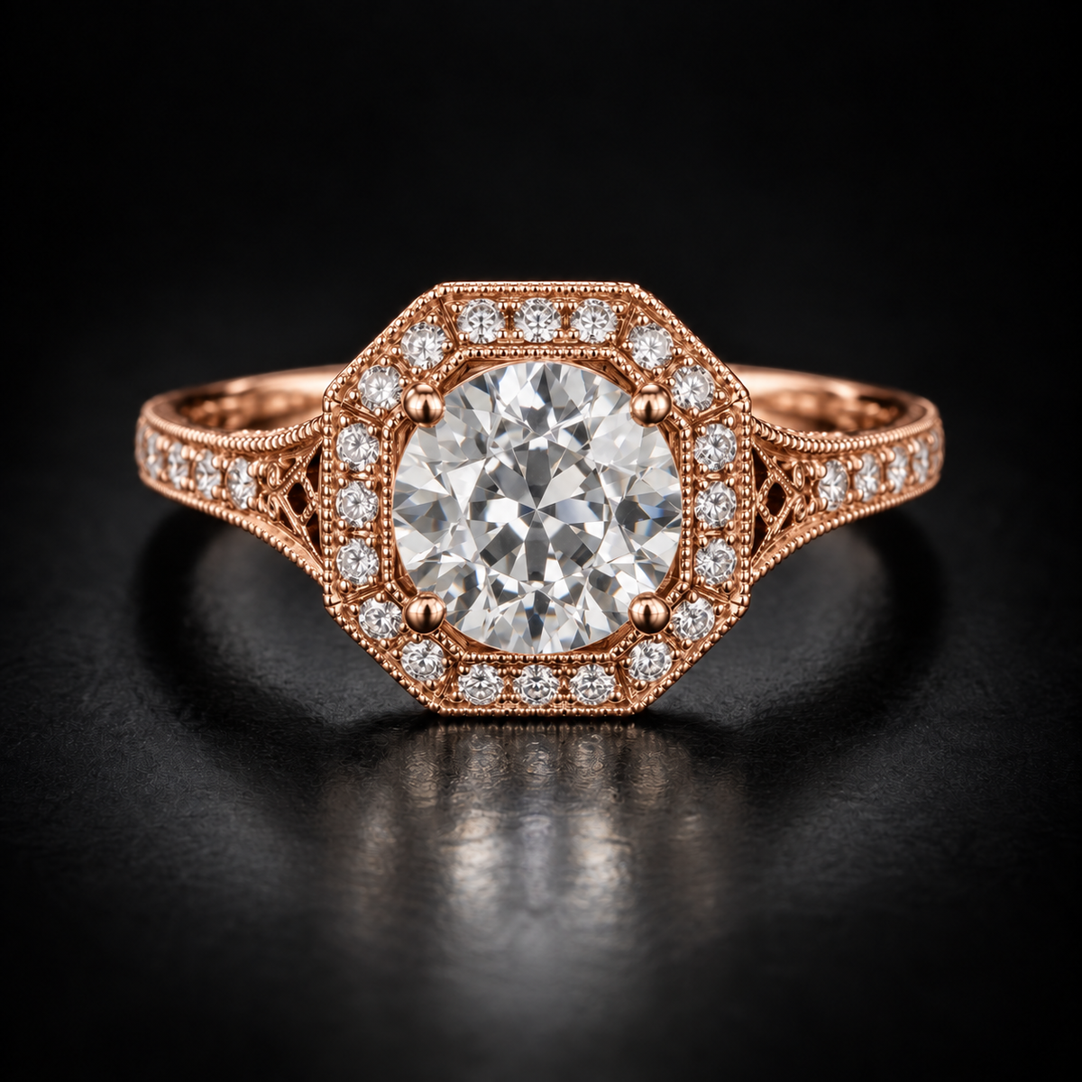 Old European-Cut Milgrain Halo Engagement Ring in 18kt Rose Gold