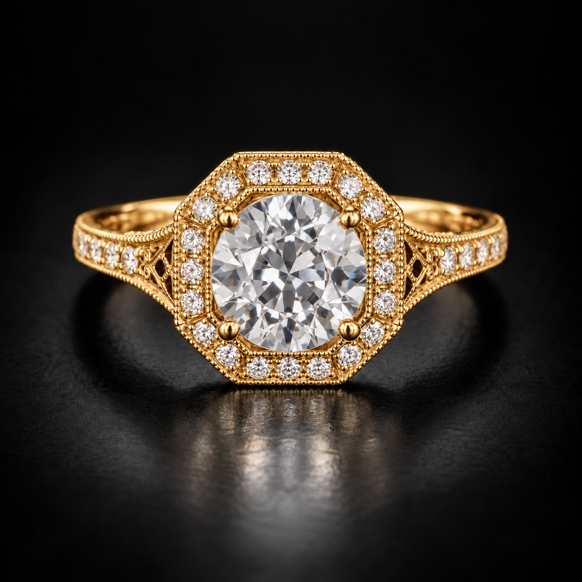 Old European-Cut Milgrain Halo Engagement Ring in 18kt Yellow Gold