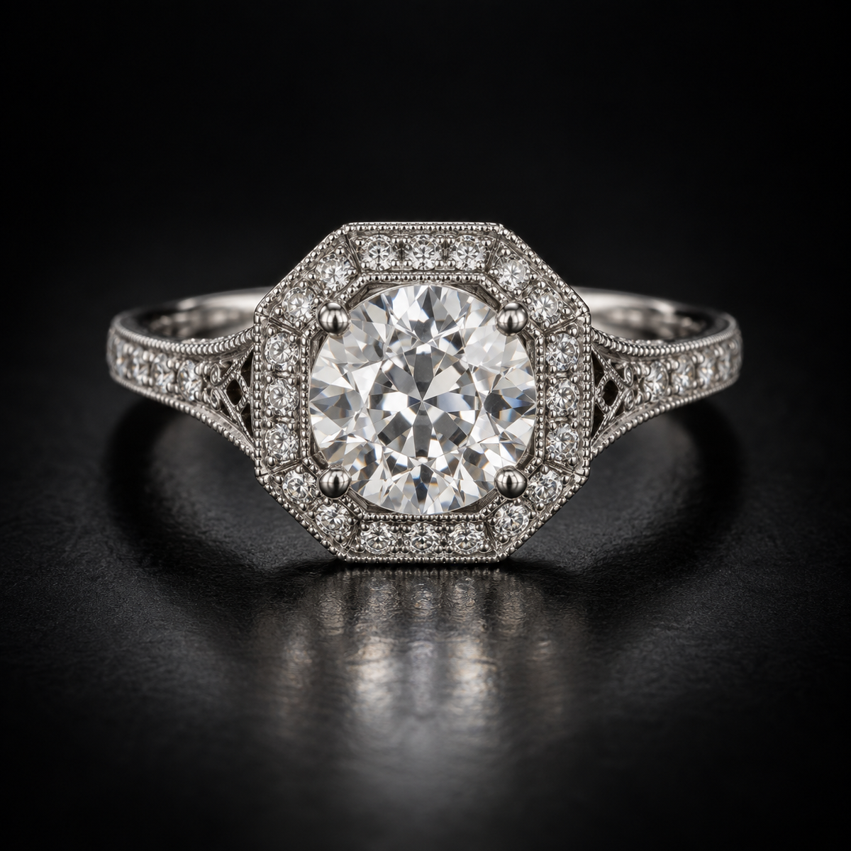 Old European-Cut Milgrain Halo Engagement Ring in Platinum