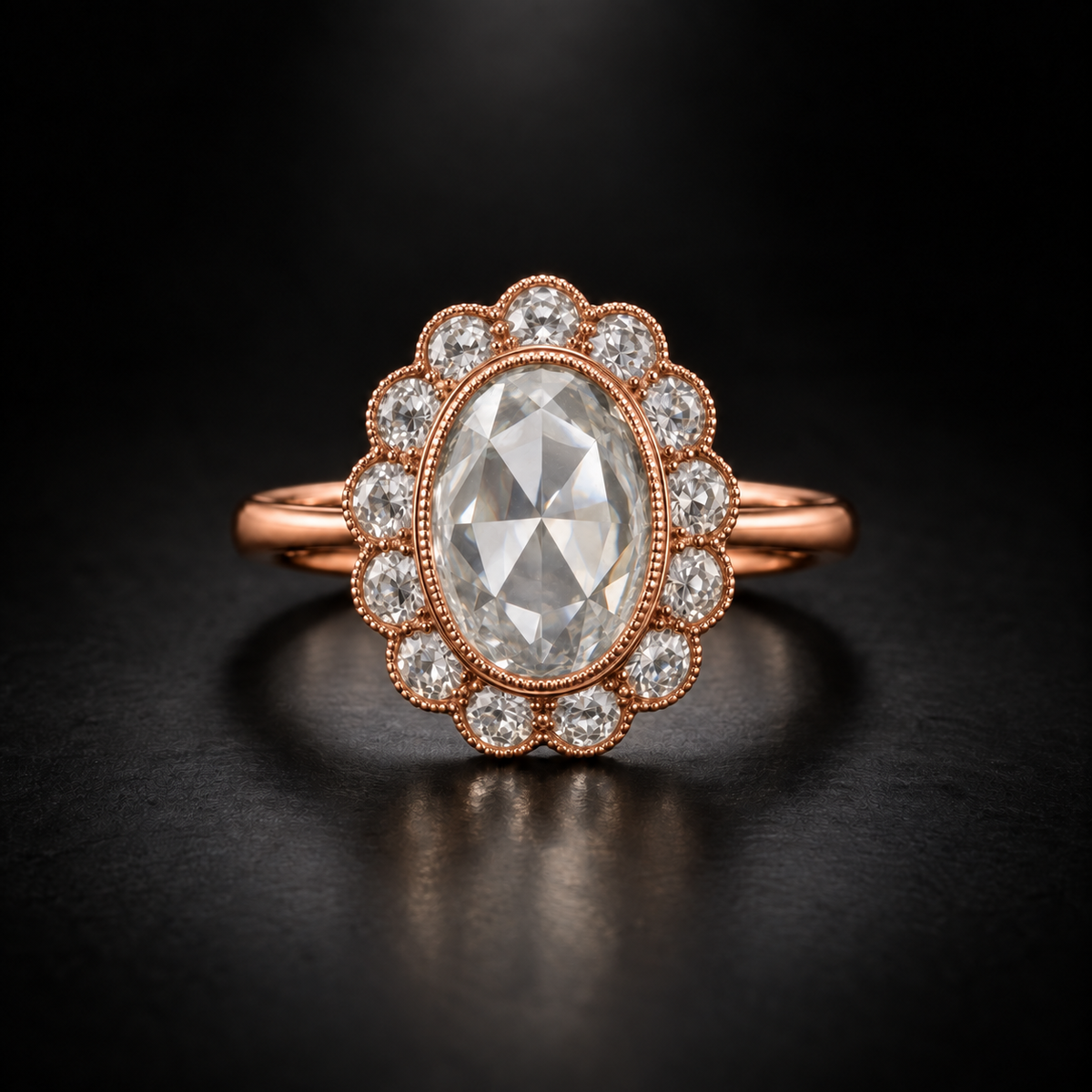 Oval Rose-Cut Bezel Cluster Engagement Ring in 18kt Rose Gold