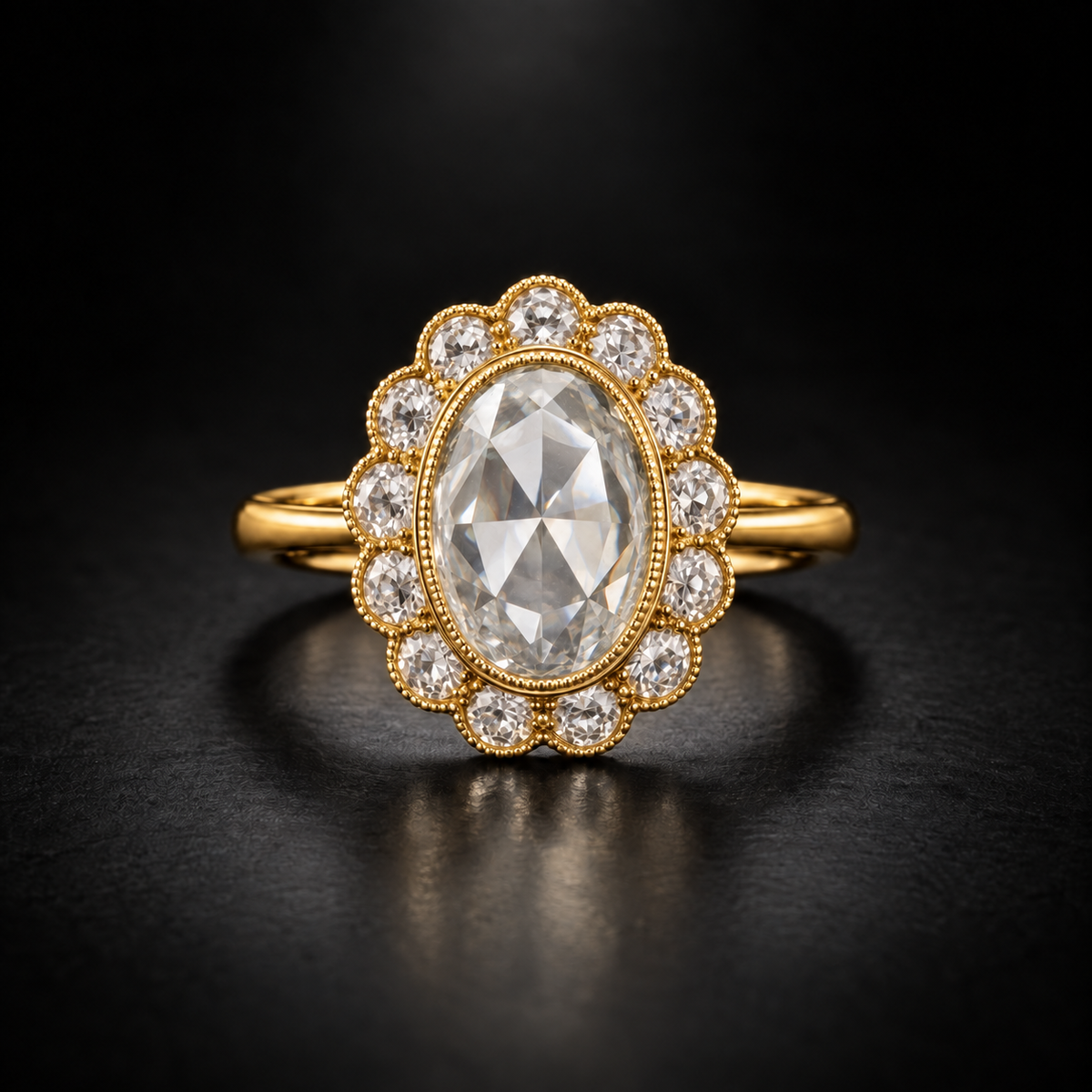 Oval Rose-Cut Bezel Cluster Engagement Ring in 18kt Yellow Gold