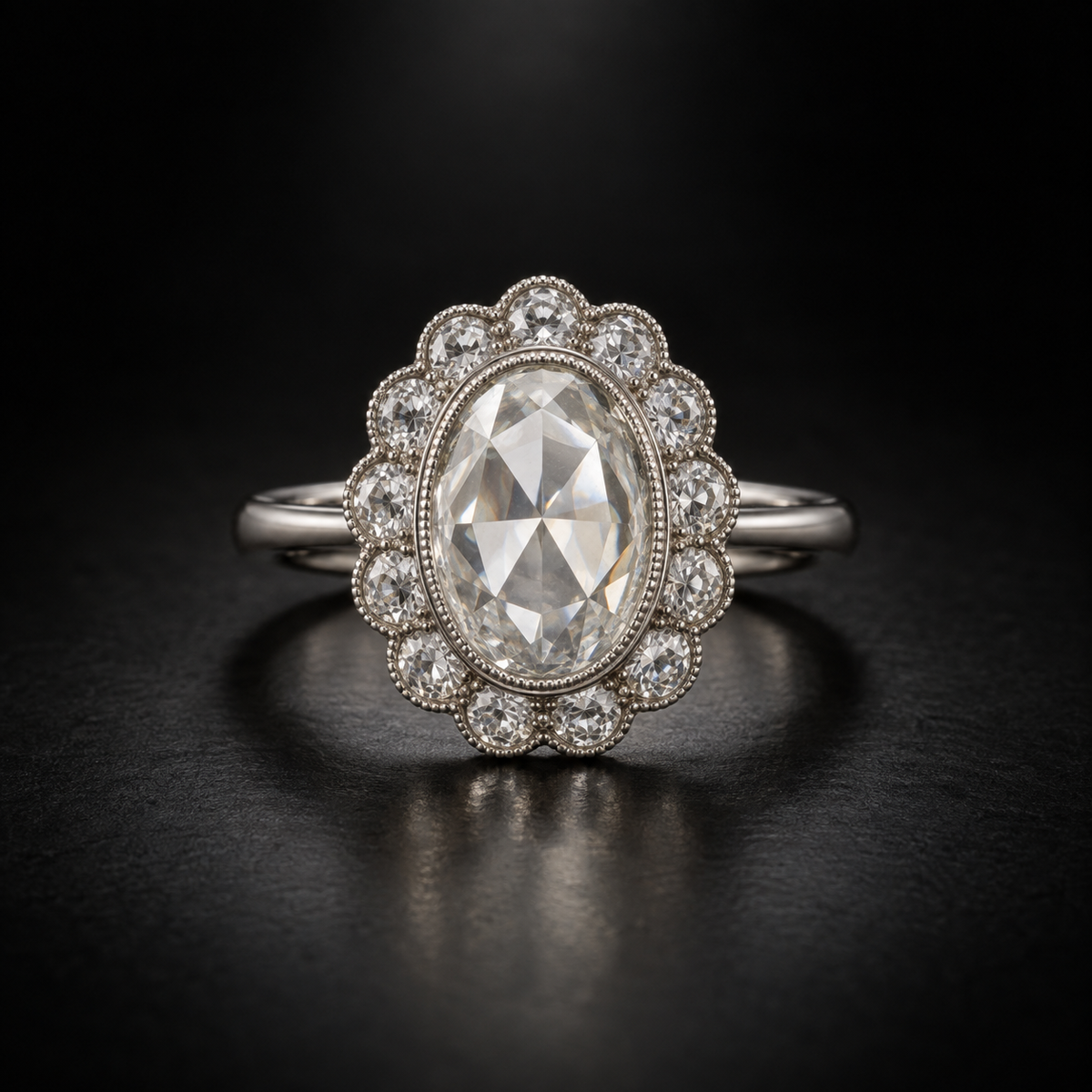 Oval Rose-Cut Bezel Cluster Engagement Ring in Platinum
