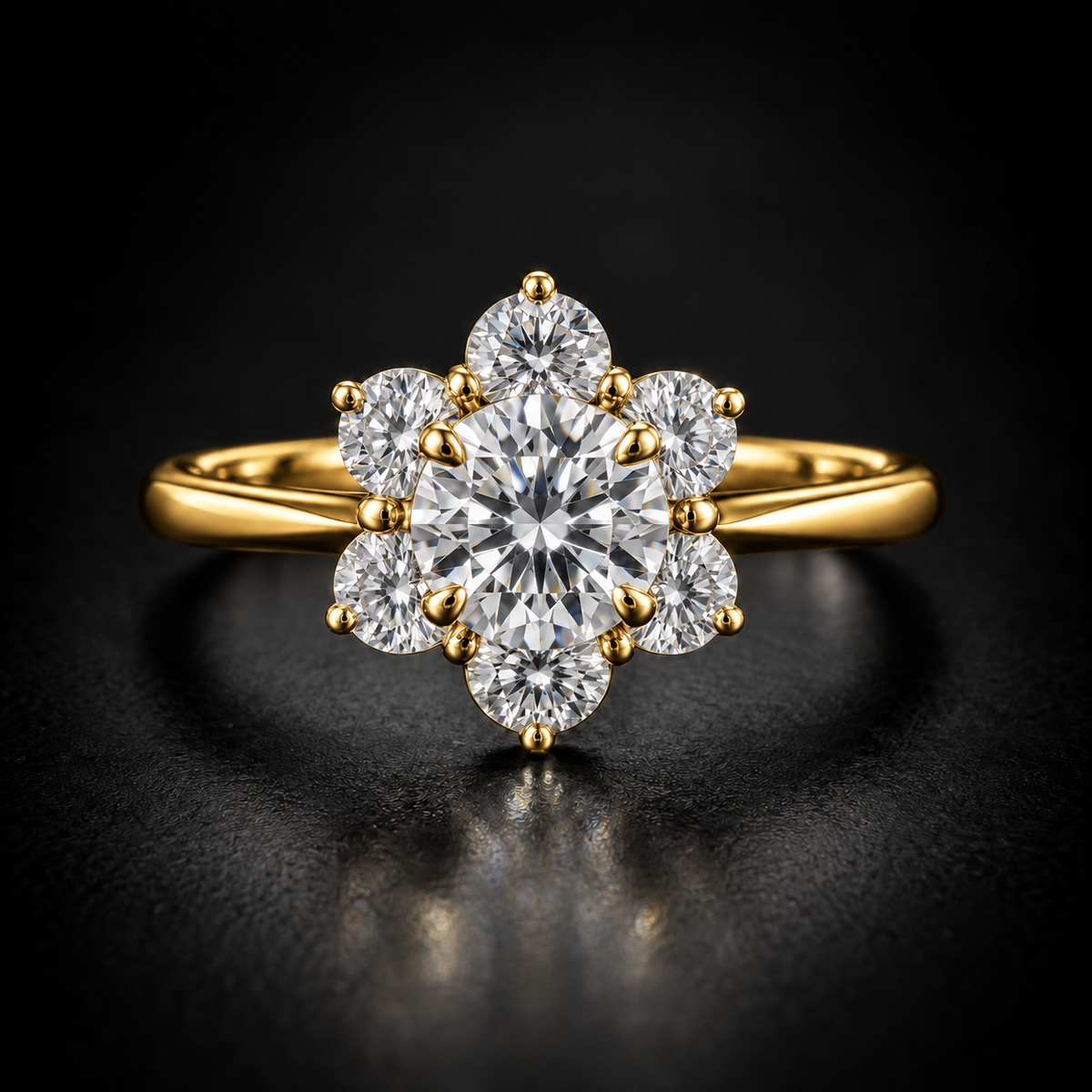 Round Diamond Floral Cluster Engagement Ring in 18kt Yellow Gold