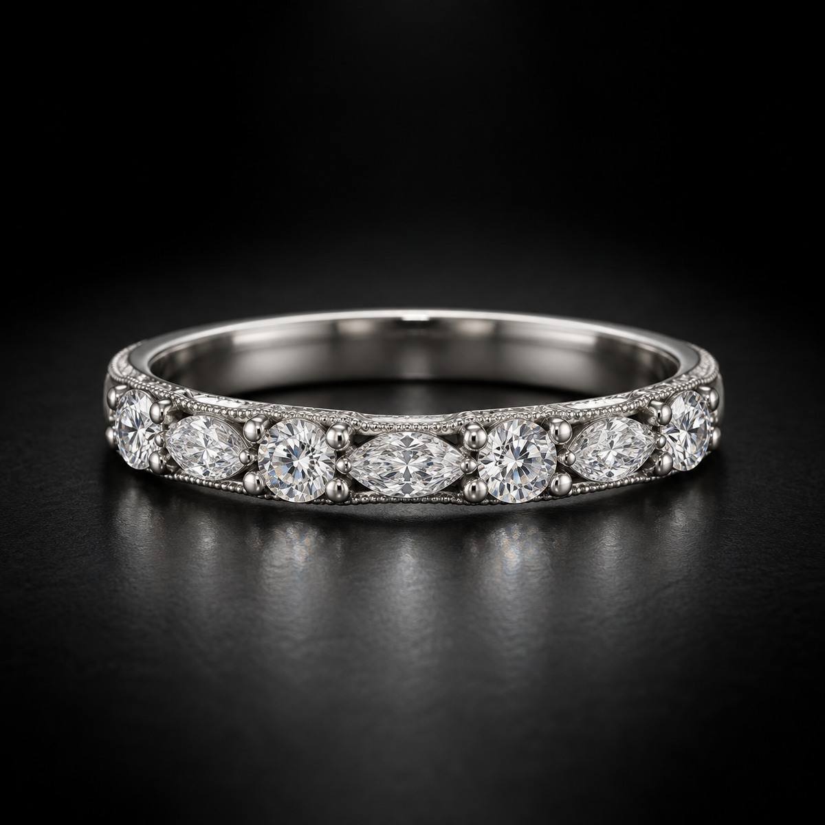 Women's Round and Marquise Milgrain Diamond Wedding Band in Platinum