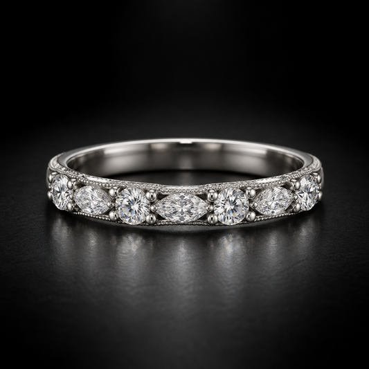 Women's Round and Marquise Milgrain Diamond Wedding Band in Platinum