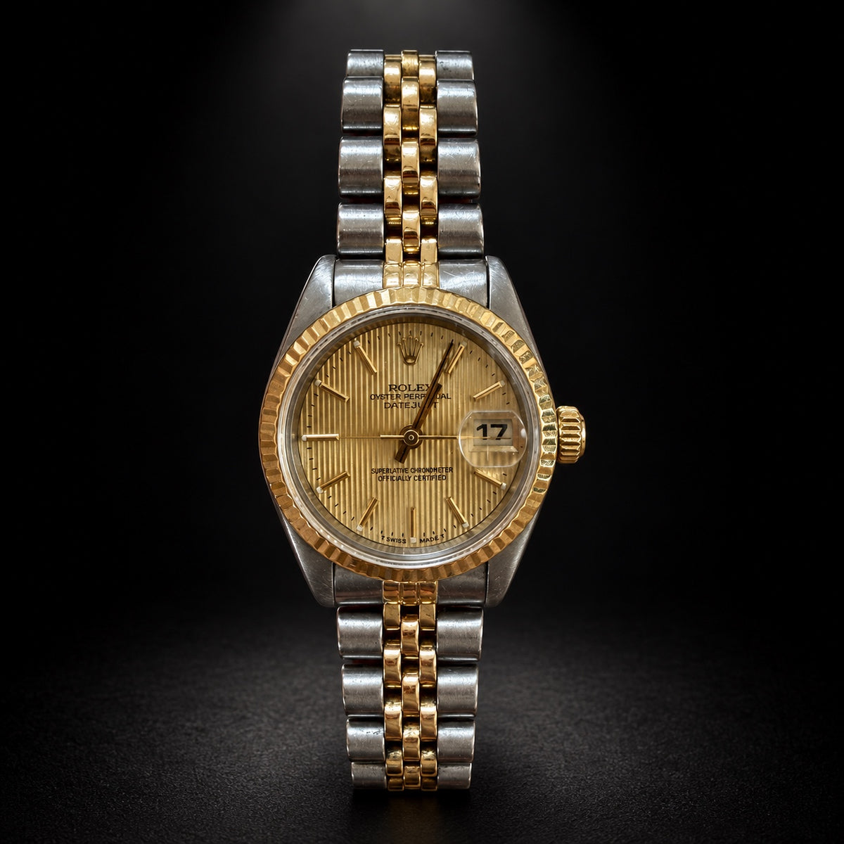 Rolex Datejust two-tone watch with champagne tapestry dial and fluted bezel